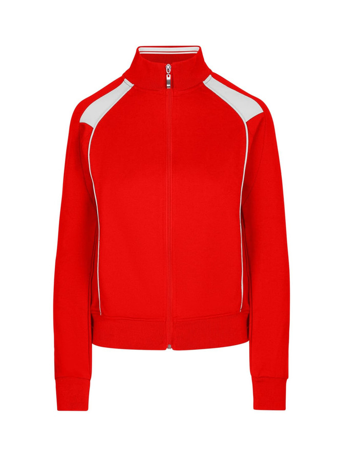 A red women's/juniors unbrushed contrast jacket featuring white accents and a zip-up front, with a logo on the design.