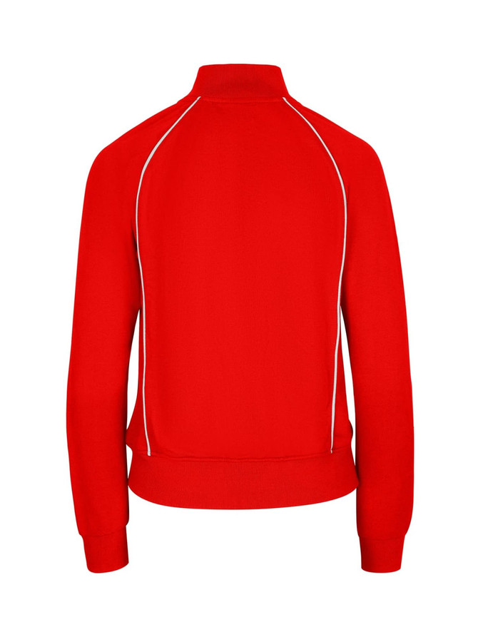 A red women's/juniors unbrushed contrast jacket featuring white piping and a high collar.