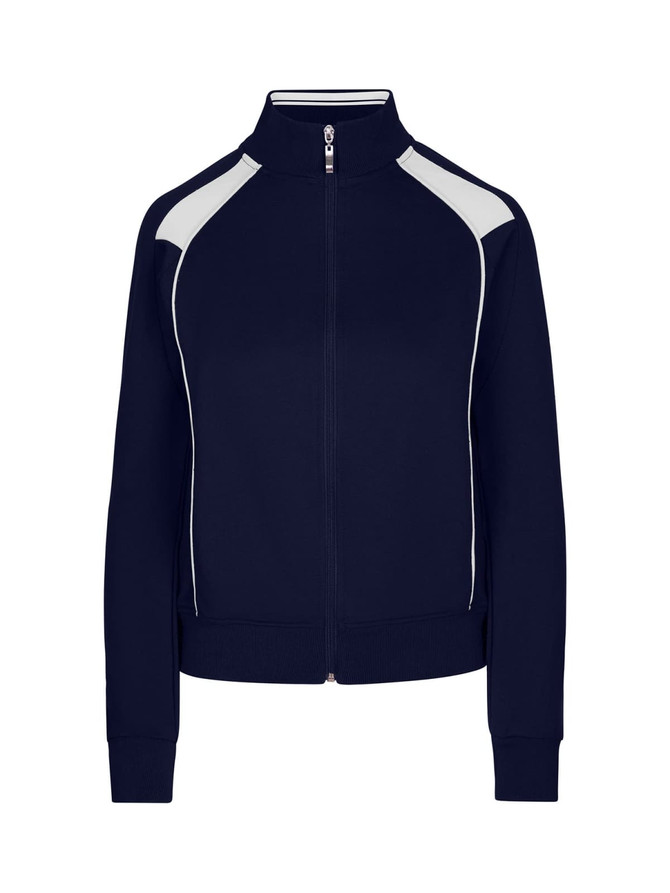 A navy jacket featuring contrast detailing and a zip-up front. It has a branded logo.