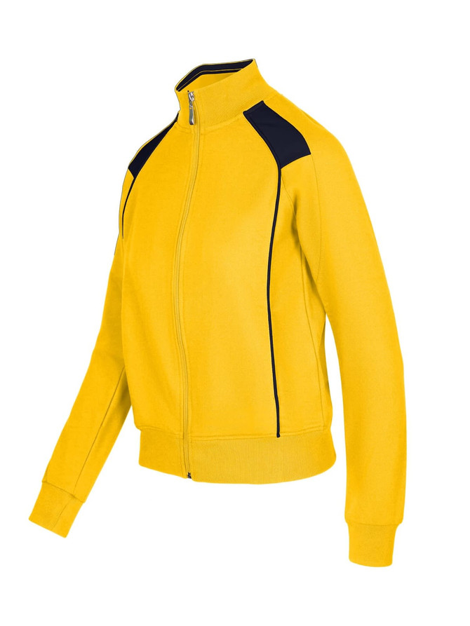 A bright yellow unbrushed contrast jacket featuring black detailing and a full zip. It has a logo on the front.