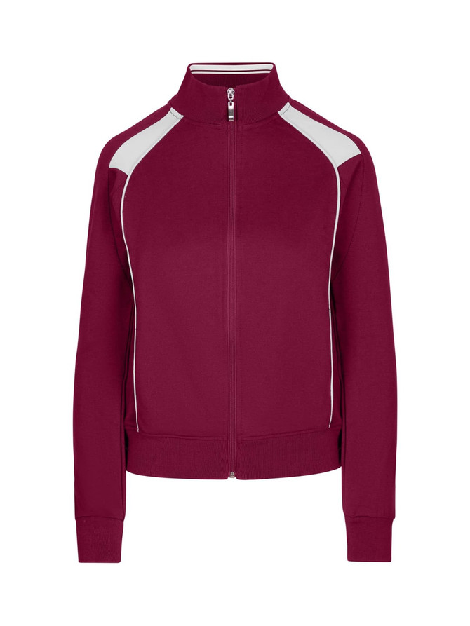 A burgundy jacket with contrasting white accents, featuring a high collar and zip closure. It has a logo on one side.