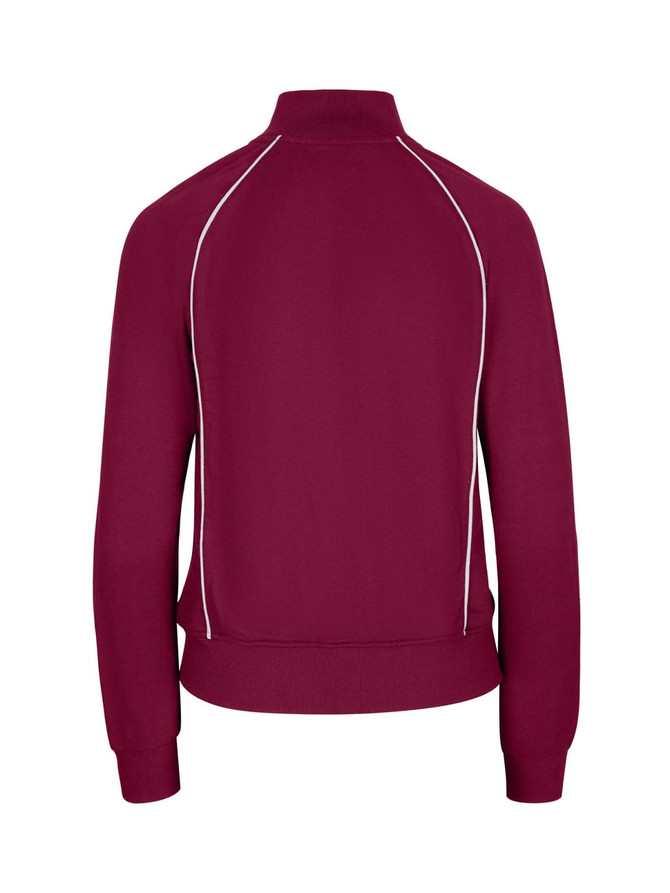 A maroon women's juniors unbrushed contrast jacket with a high collar and contrasting piping details.