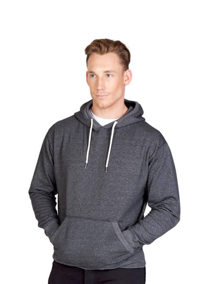 A grey heather hoodie for men, featuring a front pocket and drawstring hood. Includes a logo on the chest area.