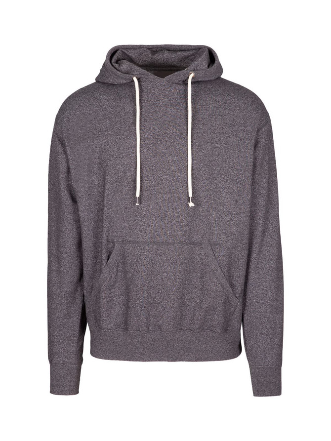 A heather grey men's hoodie with a drawstring hood and a front pocket, featuring a logo.