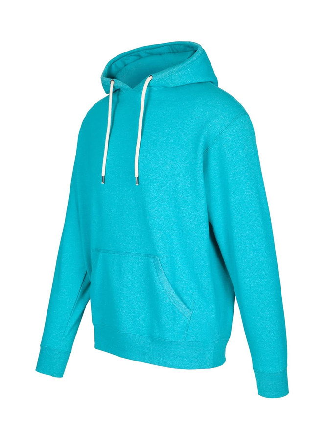 A turquoise heather hoodie with a front pocket and drawstring hood. It features a logo on the chest.