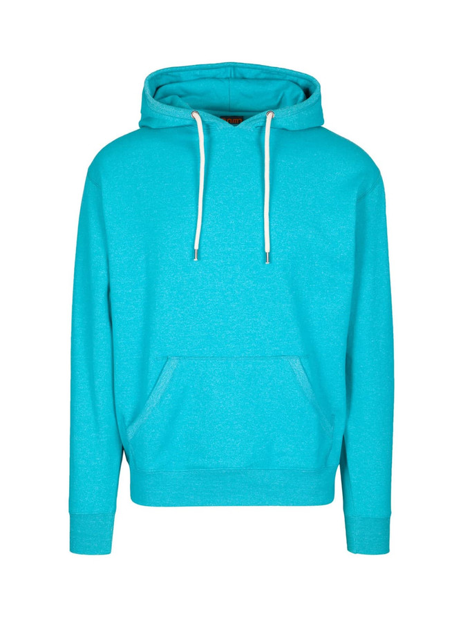 A turquoise hoodie with a front pocket and a hood, featuring a drawstring. It has a branding logo.