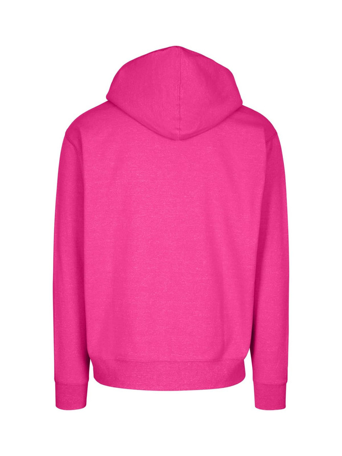 A pink hoodie with a kangaroo pocket and a hood, featuring a simple back design. It has a branding logo.