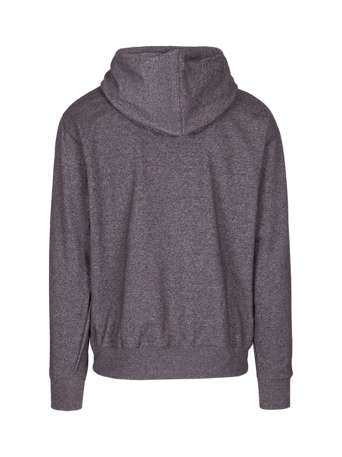 A heather grey men's hoodie with a kangaroo pocket and a hood, featuring a branding logo.
