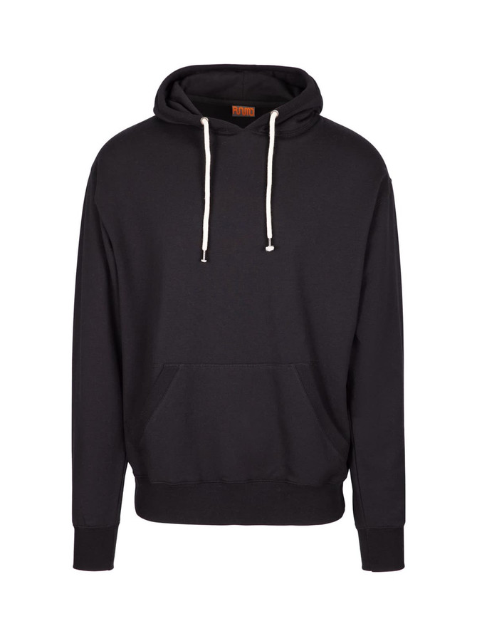A black hoodie featuring a drawstring, front pocket, and a logo on the label area. Suitable for casual wear.