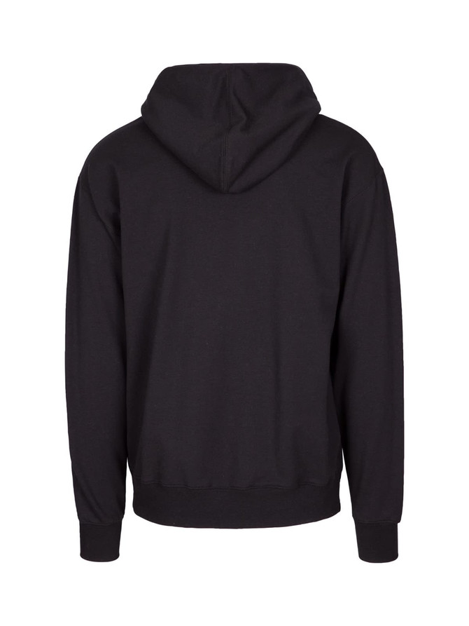 A black hoodie with a kangaroo pocket and a hood, featuring a small logo on the back.
