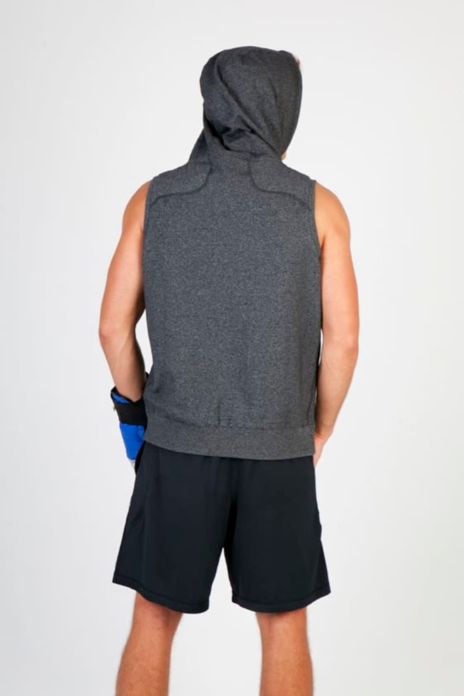 A sleeveless hoodie in dark grey, featuring a hood and a logo, worn with black shorts.