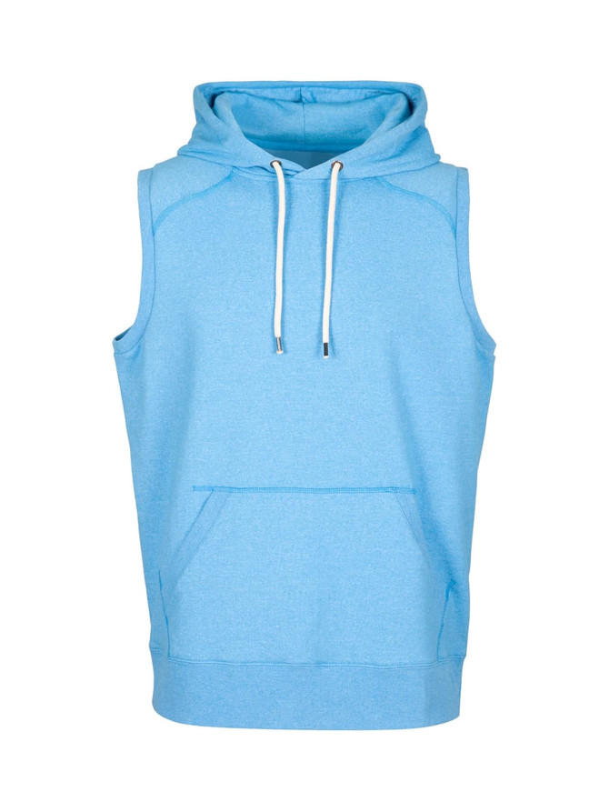 A light blue sleeveless hoodie featuring a front pocket and a hood, with a logo on the design.