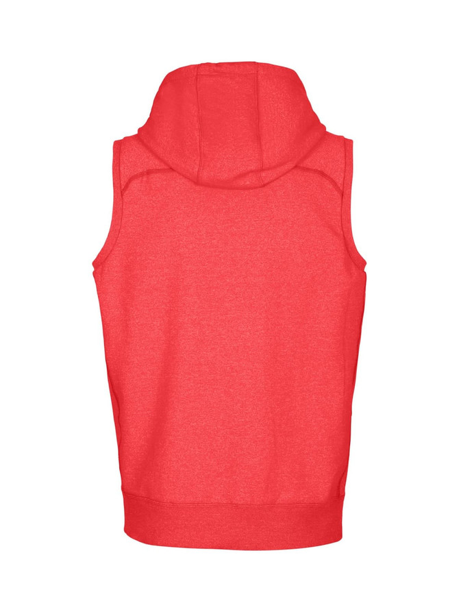 A red sleeveless hoodie featuring a hood and a logo on the back.