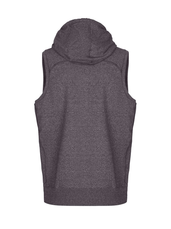 A grey sleeveless hoodie featuring a hood, from the Greatness Range, with a logo on the back.