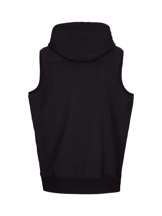 A black sleeveless hoodie with a hood, featuring a simple design and a branded logo.