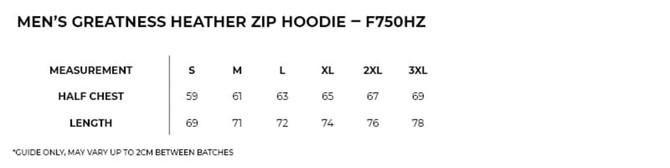 A grey zip hoodie featuring a hood and front zip, with a logo and various size measurements provided.