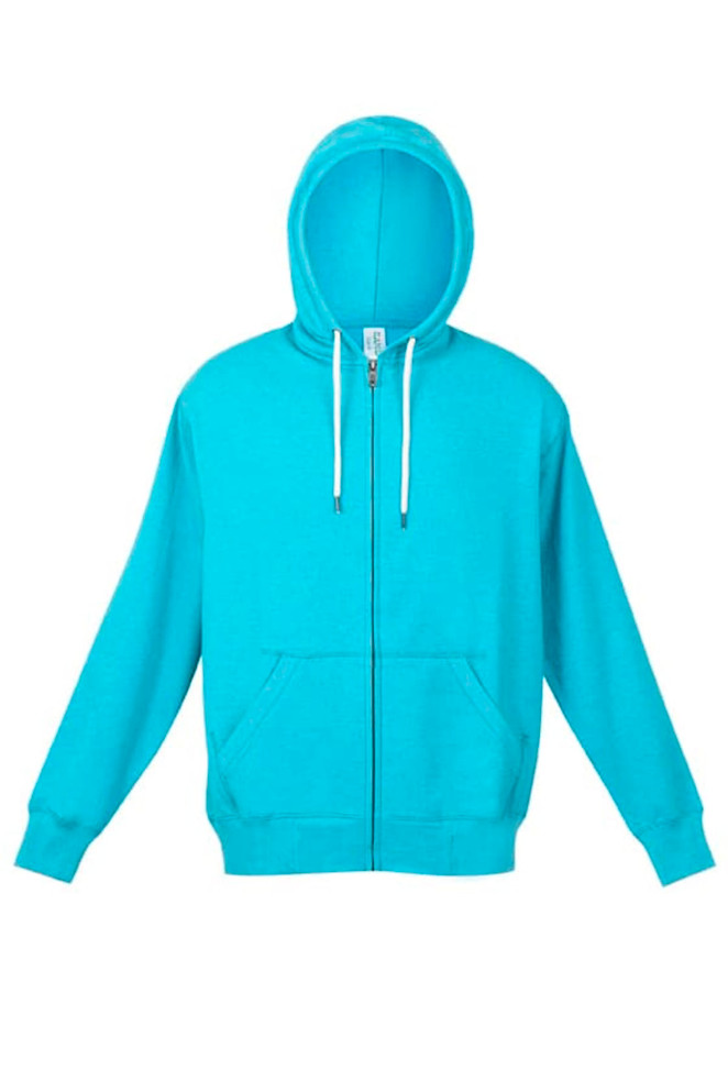 A turquoise zip hoodie featuring a front pocket and a hood, with a logo on the chest.
