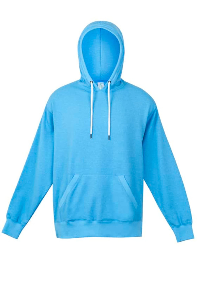 Light blue zip hoodie featuring a front pocket and a drawstring hood. The hoodie has a logo.