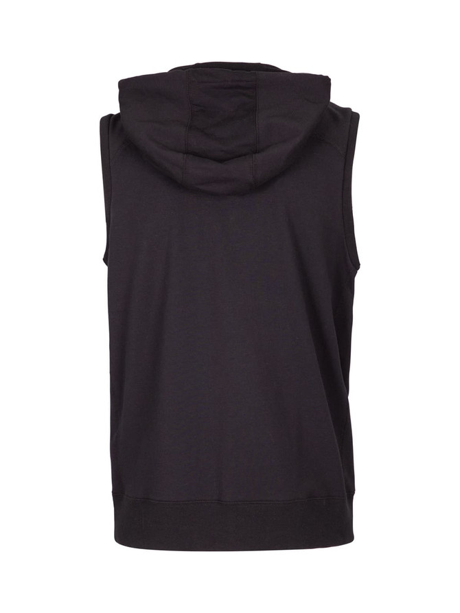 A black sleeveless zip hoodie with a hood, featuring a logo on the back.