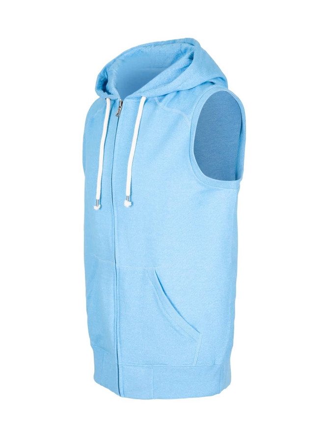 A light blue sleeveless zip hoodie featuring a hood, pockets, and a logo. Part of the Greatness Range.