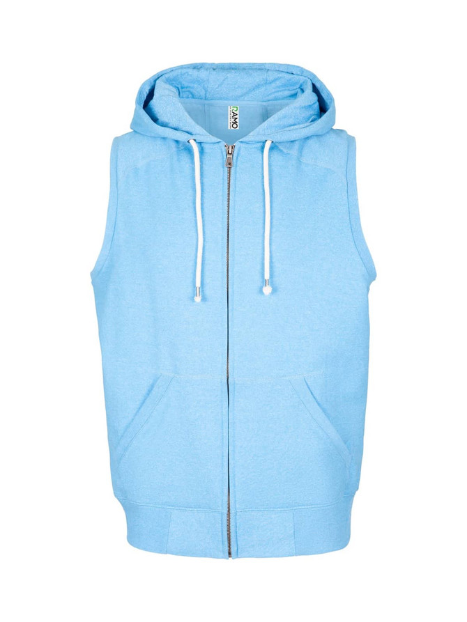 A light blue sleeveless zip hoodie featuring a hood and front pockets, with a logo present.