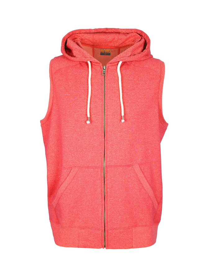 A sleeveless zip hoodie in vibrant coral, featuring a hood and pockets, with branding present.
