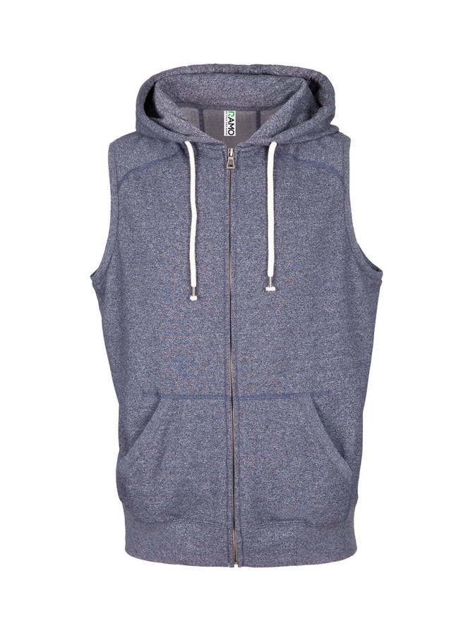 A sleeveless zip hoodie in heather blue with a hood and front pockets, featuring a logo.