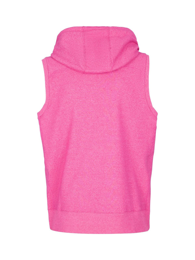 A pink sleeveless zip hoodie with a hood, featuring a back view design. It includes a logo or branding element.