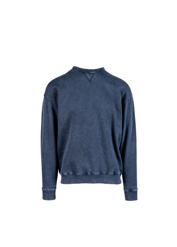 A unisex stone wash sweatshirt in blue, featuring a crew neck and long sleeves. The back is plain and has a logo.