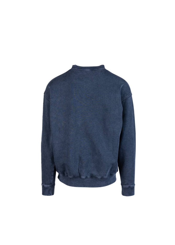 A unisex stone wash sweatshirt in navy blue, featuring a simple design and a logo on the back.
