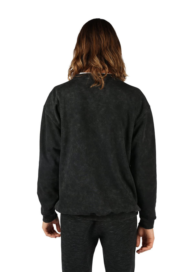 A unisex stone wash sweatshirt in black with a relaxed fit, featuring a branded logo on the back.