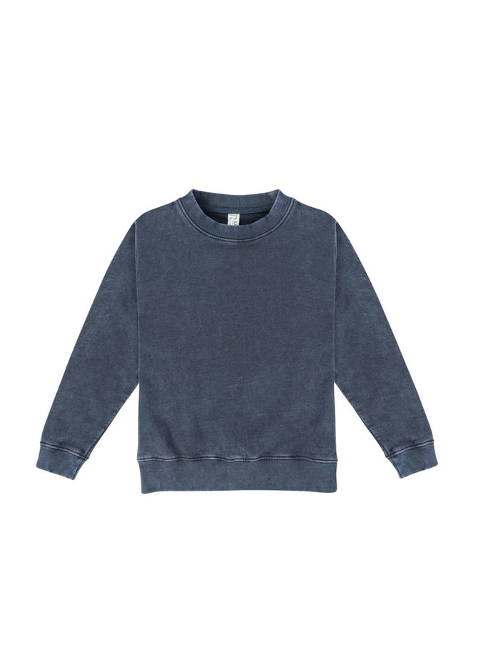 A stone wash sweatshirt in a deep blue colour, featuring a classic crew neck and long sleeves, with a logo on the label.
