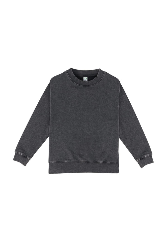 A grey kids' stone wash sweatshirt with a round neckline and long sleeves, featuring a logo.