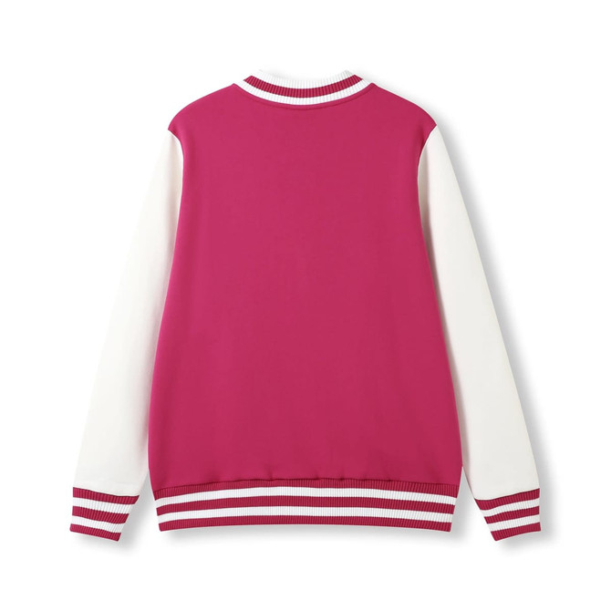 A men's varsity jacket in maroon and white with striped ribbed cuffs and a solid back.