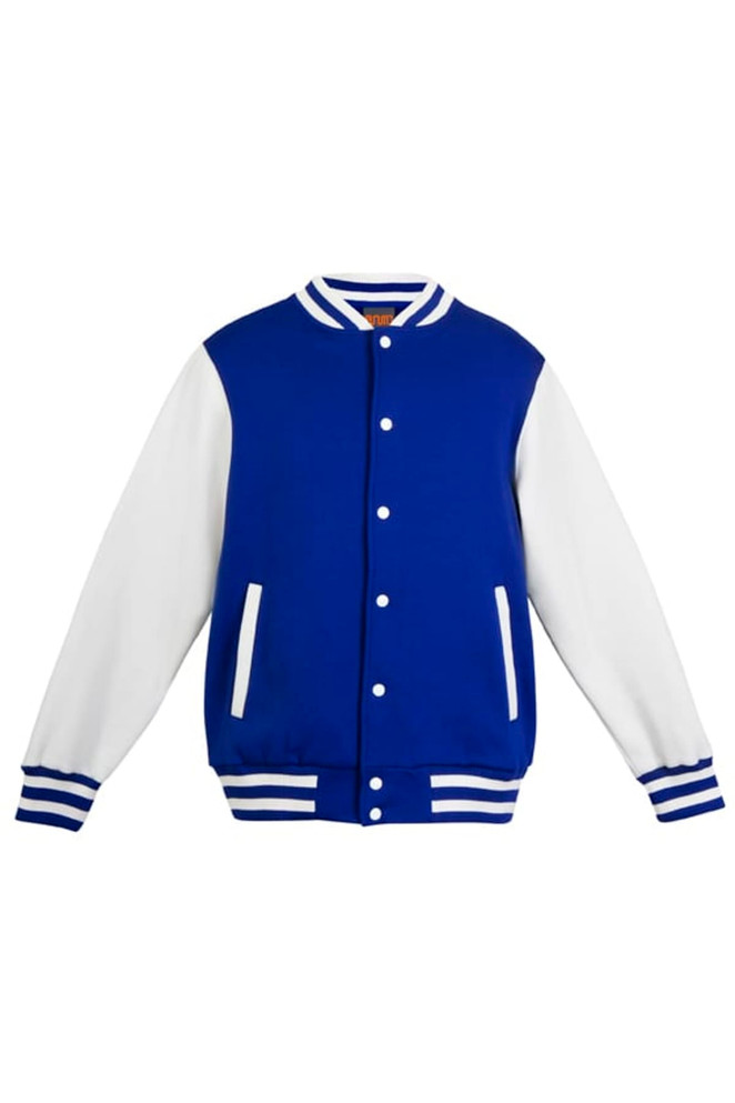 A mens varsity jacket featuring a blue body and white sleeves, with striped ribbing and front pockets.