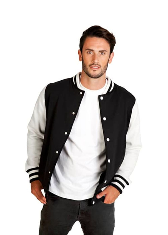 A men's varsity jacket in black with white sleeves, featuring a striped collar and a logo.