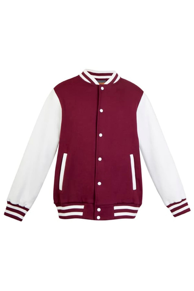 A maroon varsity jacket with white sleeves, featuring ribbed cuffs and a front button closure, along with pockets.