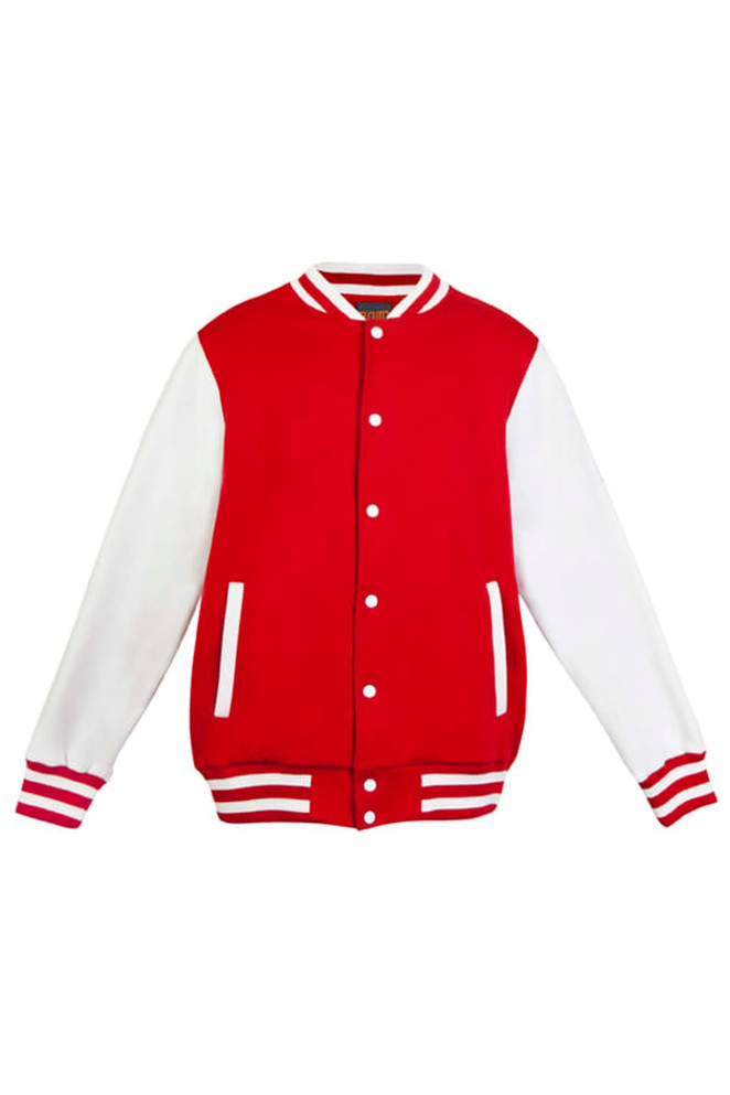 A red and white men's varsity jacket featuring a button front and striped cuffs. It has side pockets and a logo.