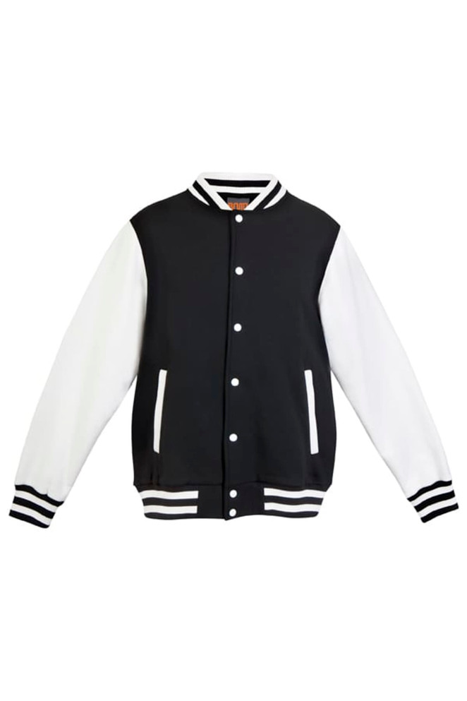A men's varsity jacket in black with white sleeves and striped accents, featuring a logo and front pockets.