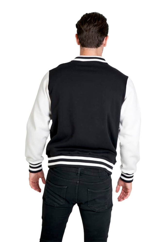 A men's varsity jacket with a black body and white sleeves, featuring striped cuffs and a logo on the back.