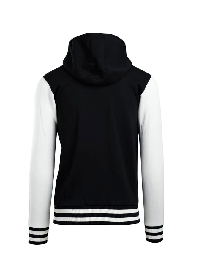 A black varsity jacket with a white hood and contrasting white sleeves, featuring a striped ribbed hem.