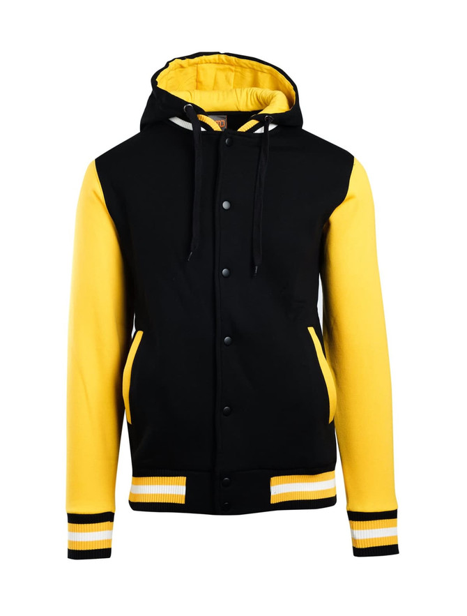 A black and yellow men's varsity jacket with a hood, featuring a logo and striped cuffs.