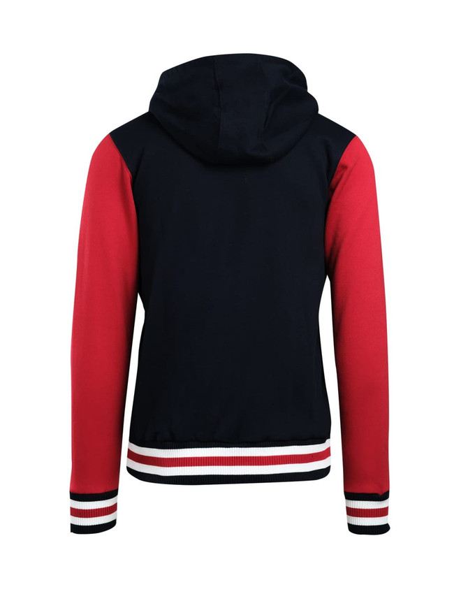 A men's varsity jacket with a navy body and red sleeves, featuring a hood and striped cuffs.