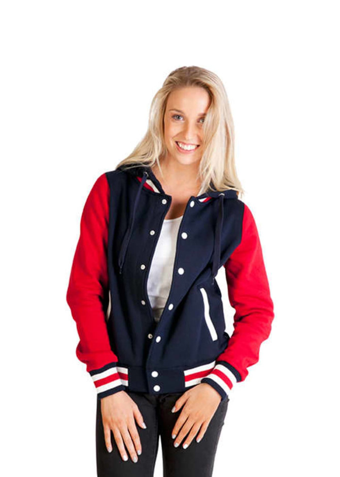 A women's varsity jacket in navy blue with red sleeves and stripes, featuring a logo on the chest.