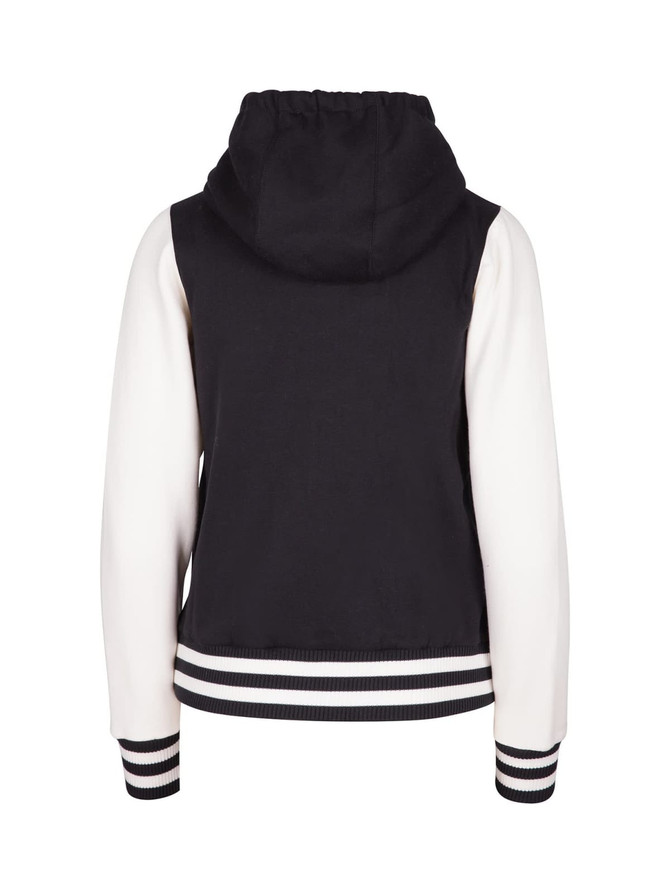 A women's varsity jacket in black and white, featuring a hood and striped cuffs, with a logo on the back.