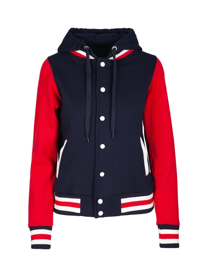 A women's varsity jacket and hood featuring navy blue and red colours with white detailing and a logo.