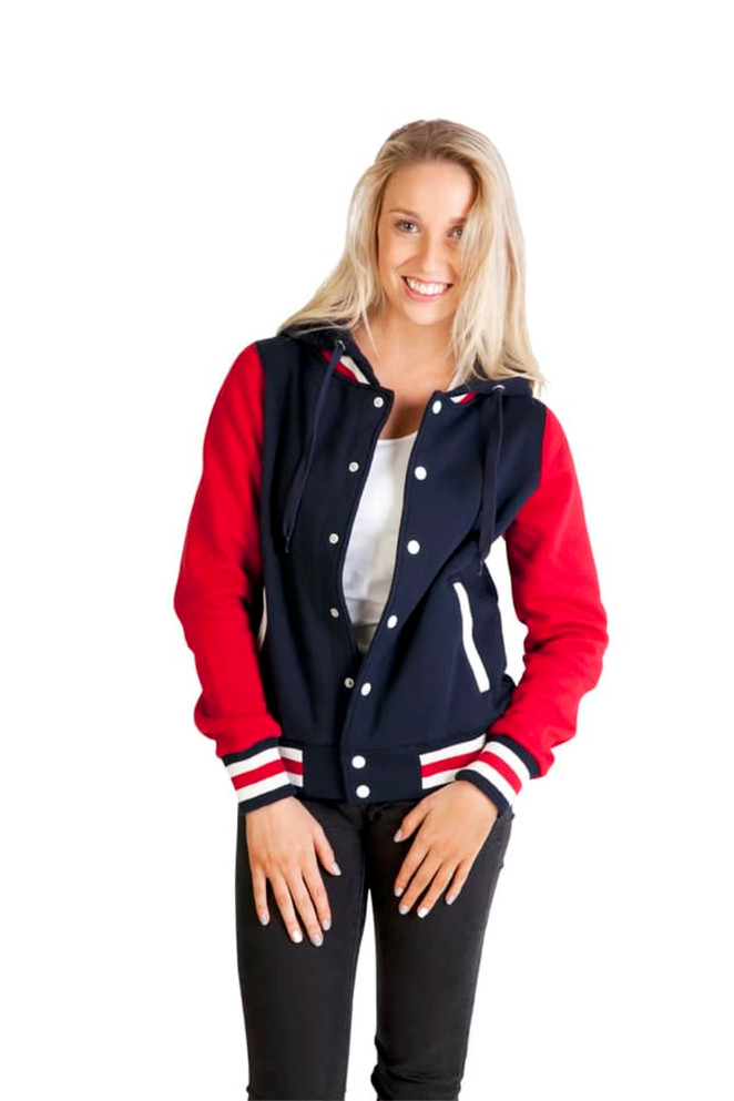 A women's varsity jacket and hood in navy blue and red with white stripes, featuring a front zip and a logo.