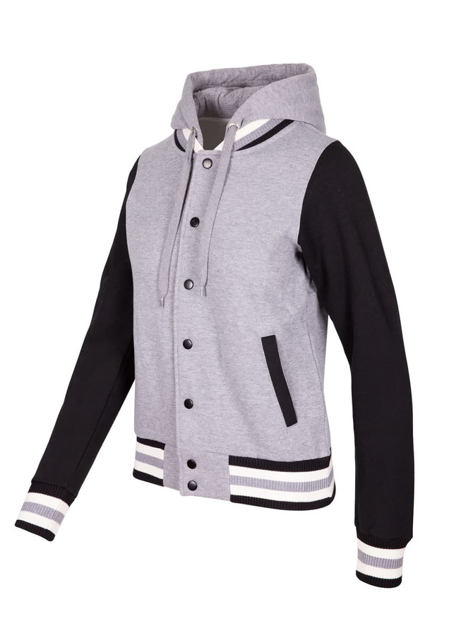 A women's varsity jacket and hood featuring grey and black colours with contrasting striped detailing.