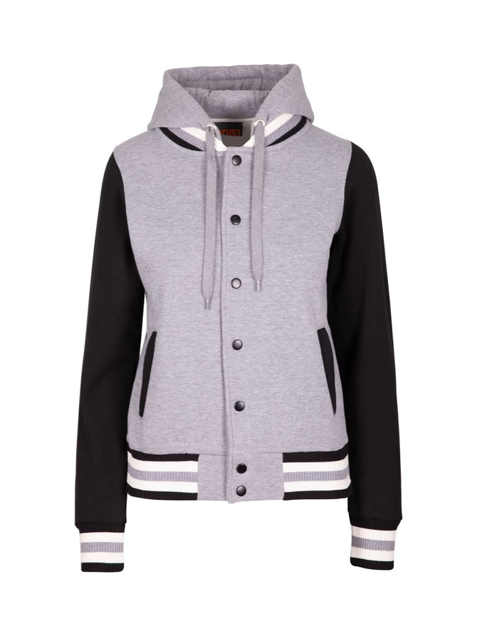 A women's varsity jacket in grey with black sleeves and a hood, featuring buttons and side pockets.