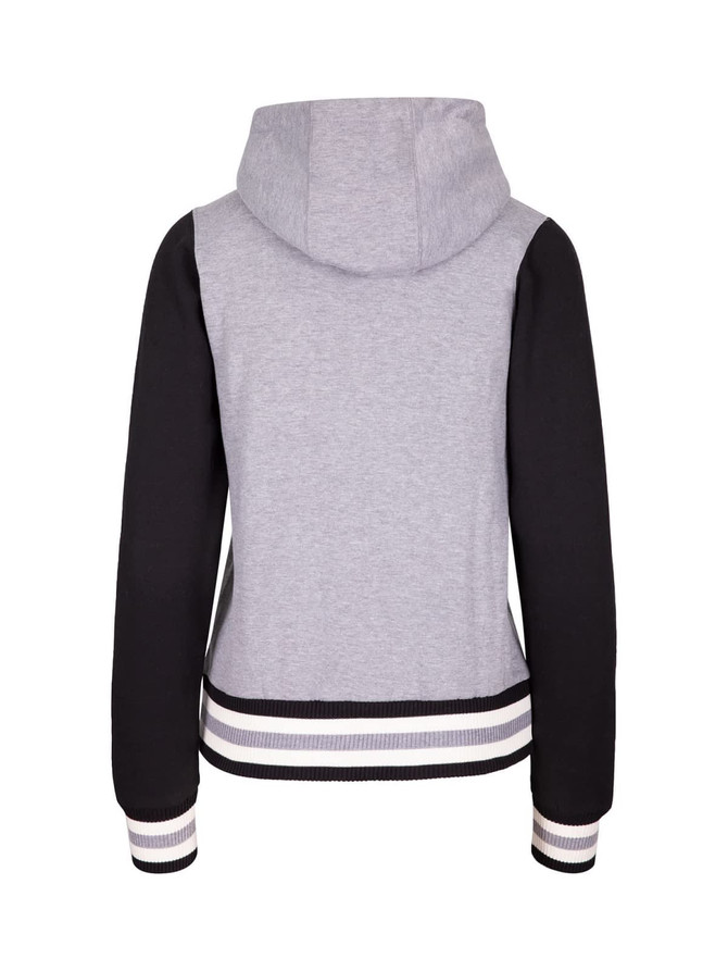 A women's varsity jacket with a grey body and black sleeves, featuring a hood and striped ribbed hem.